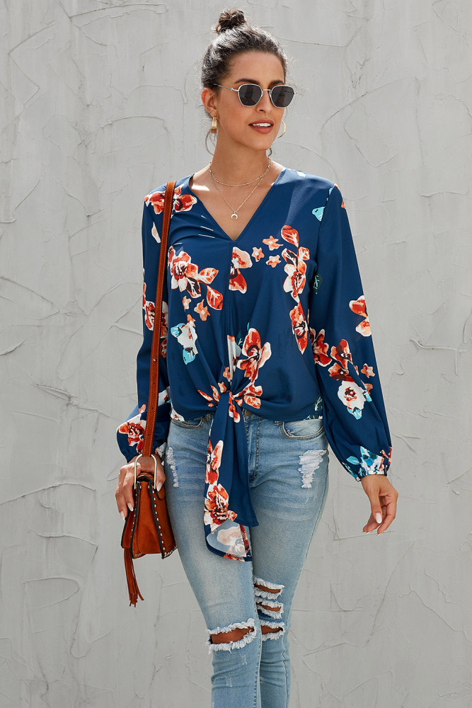 Orange V Neck Long Sleeve Tie Front Blouse