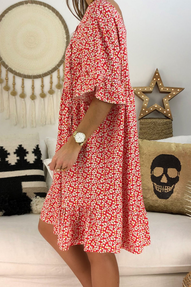Red Loose Scoop Neck Floral Dress