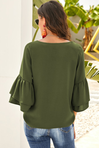 Green Cute V Neck Bell Sleeve Shift Blouse