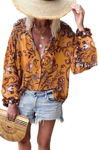 Orange Boho Button Down V Neck Floral Print Shirt