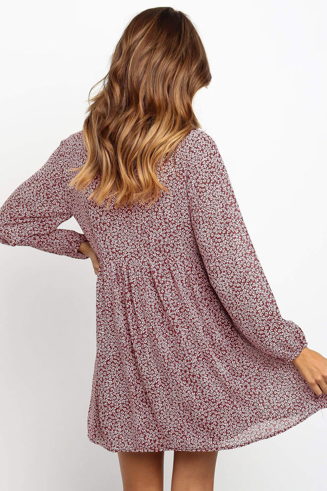 Red Printed V Neck Buttoned Long Sleeve Shirt Dress