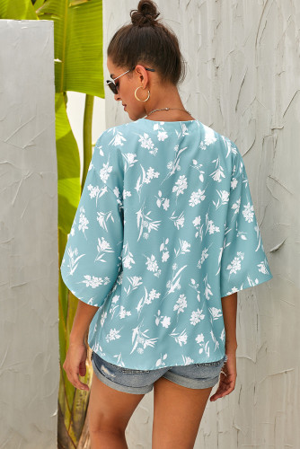 Sky Blue Floral Button Down Top