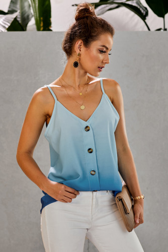 Blue Ombre Button Down V Neck Strappy Tank Top