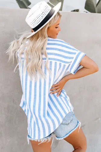 V Neck Stripes Roll up Sleeve Button Down Shirt