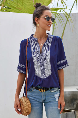 Blue Elbow Length Sleeves Front Embroidery Blouse