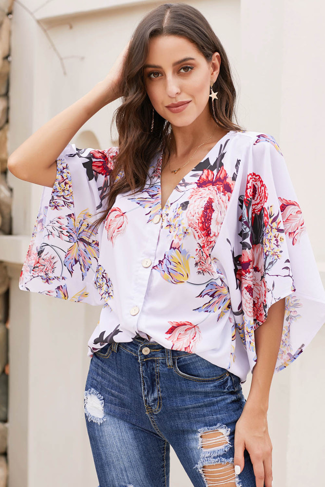 White V Neck Floral Kimono Top