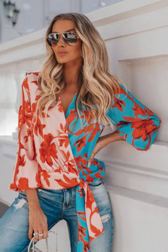 Deep V Neck Wrap Color Block Base Floral Print Blouse
