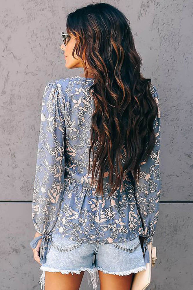 Gray Tassel Tie Blouse