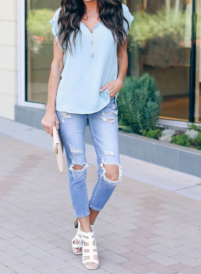 Sky Blue Zip To It Blouse