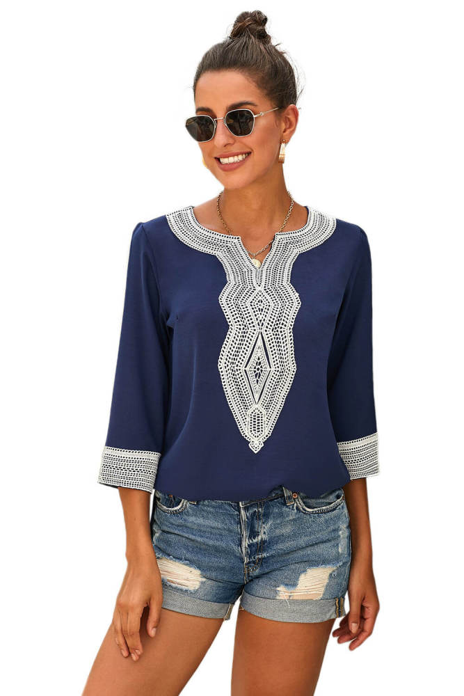 Blue Summer Boho Embroidered V Neck Loose Blouse