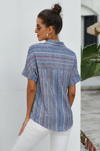 Blue V Neck Stripes Roll up Sleeve Button Down Shirt