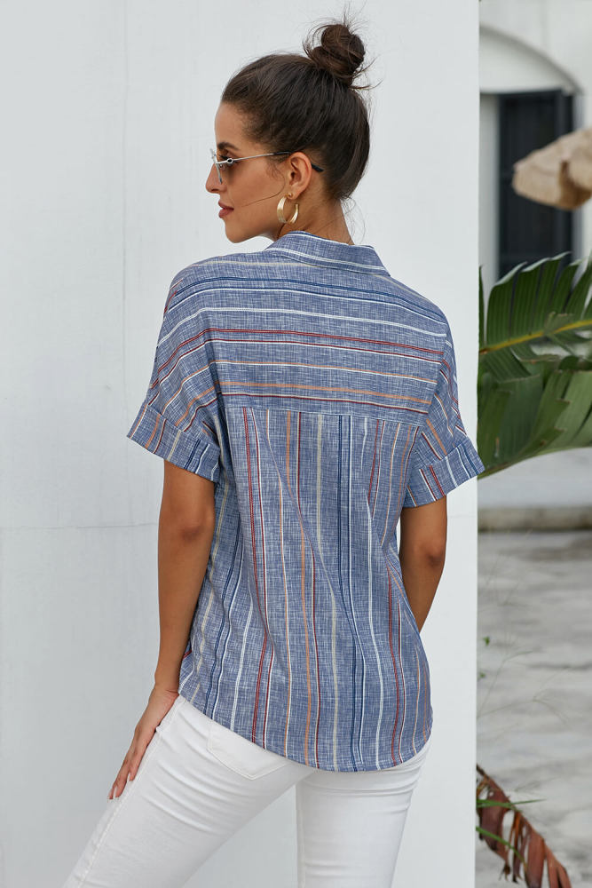 Blue V Neck Stripes Roll up Sleeve Button Down Shirt