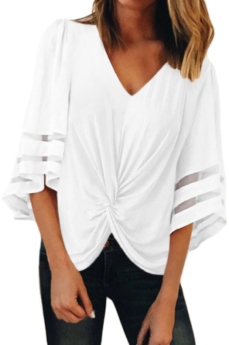 White V Neck Flared Sleeve Twisted Detail Loose Blouse