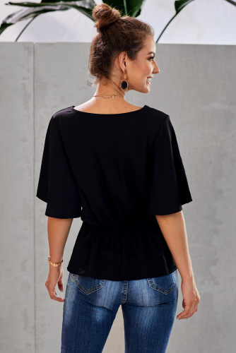 Black V-Neck Bell Sleeve Twist Pleated Blouse