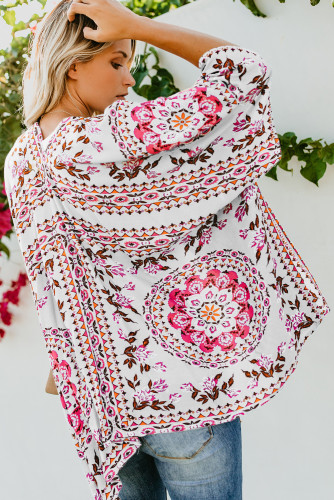 White Floral Kimono Cardigan Open Front Cover Up