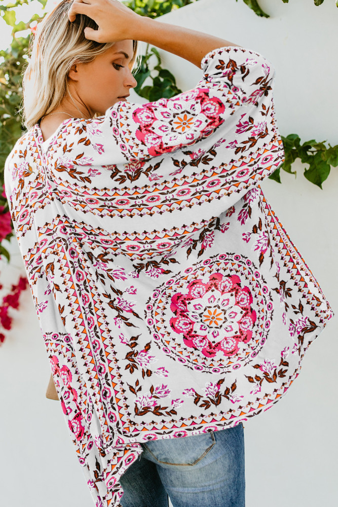 White Floral Kimono Cardigan Open Front Cover Up