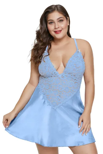 Sky Blue Plus Size Satin and Lace Chemise Set