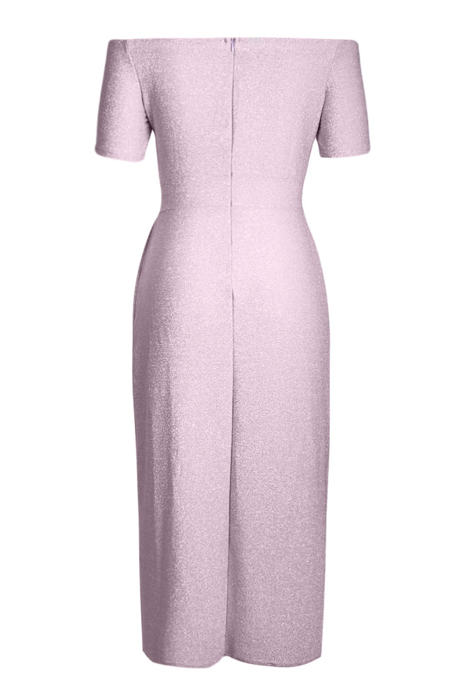 Purple Off Shoulder Short Sleeve Metallic Slit Party Dress