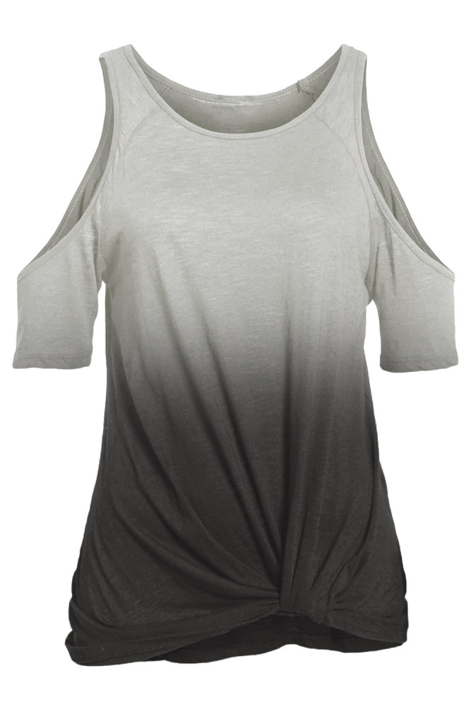 Gray Gradient Cold Shoulder Knot Twisted T-Shirt