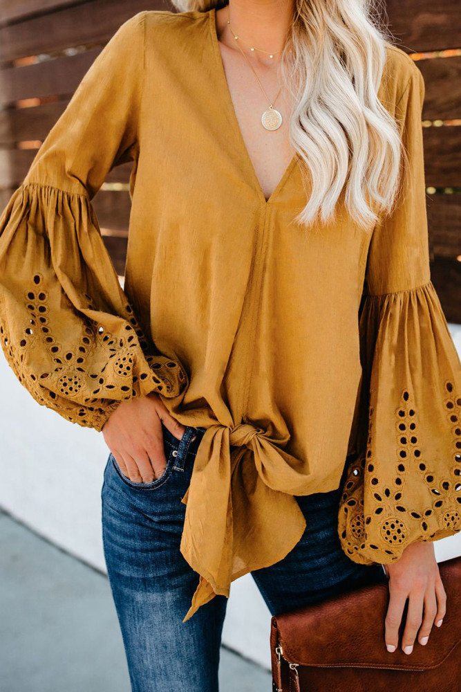 Yellow Rhapsody Cotton Balloon Sleeve Tie Top