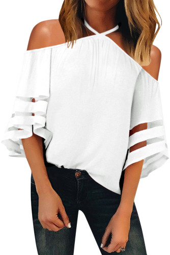White Spaghetti Halter Off The Shoulder Three Quarter Sleeve Shirt