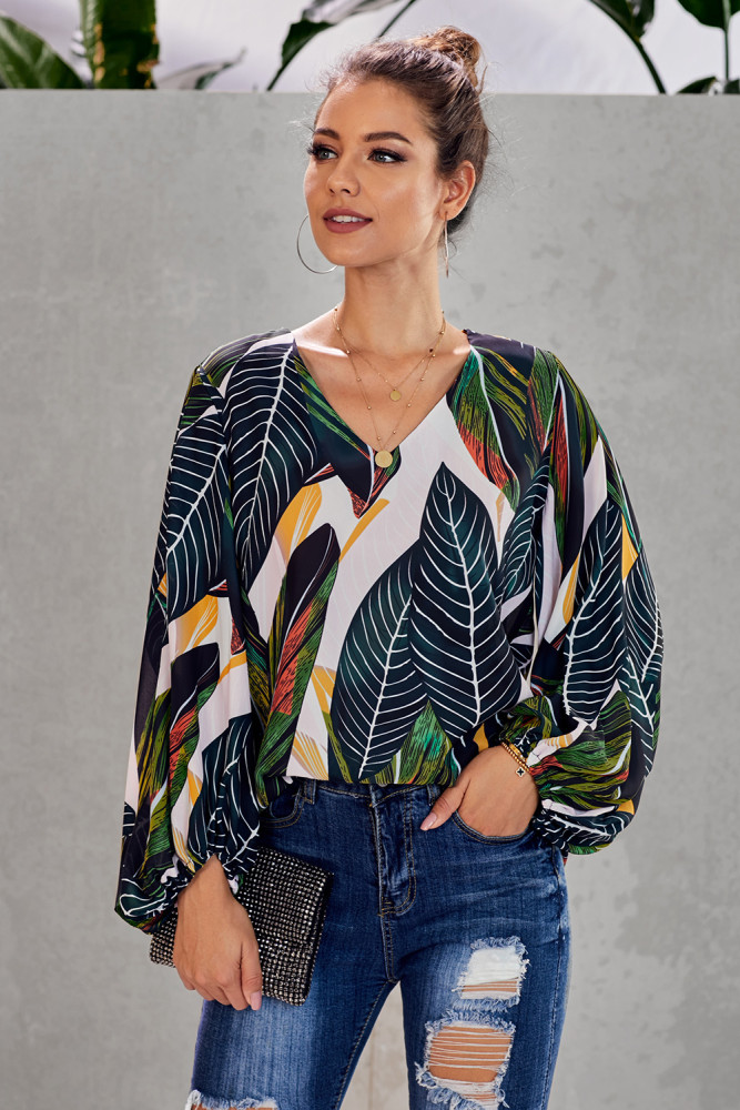Green Boho Print Balloon Sleeve Blouse