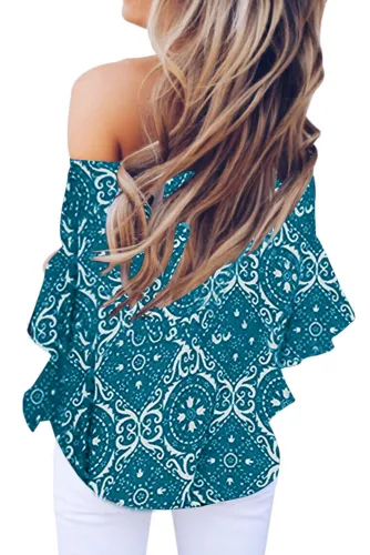 Sky Blue Bohemian Floral Print Off The Shoulder Blouse