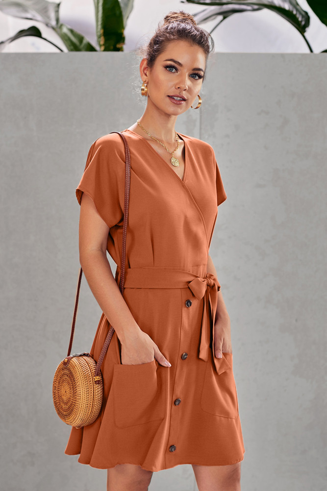 Orange Button Short Sleeve Casual Dress