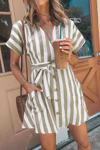 Khaki Fashion Stripe Short Sleeve Casual Dress