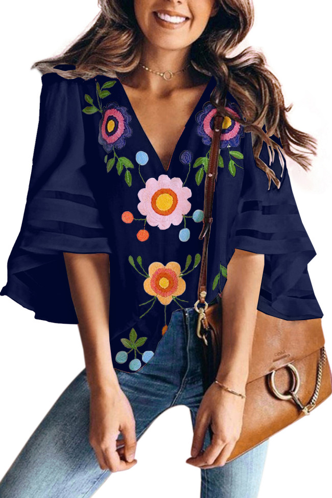 Blue V Collar Floral Print Bell Sleeve T-shirt Blouse