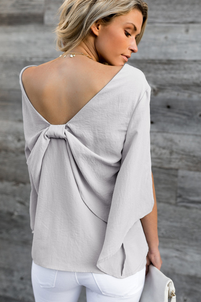 Gray V-Neck Bowknot Three-Quarter Sleeve Blouse