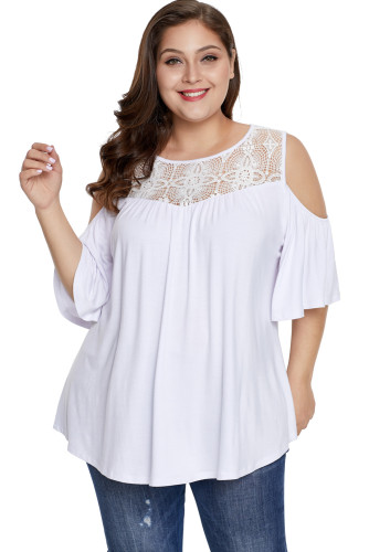 White Plus Size Crochet Yoke Cold Shoulder Top