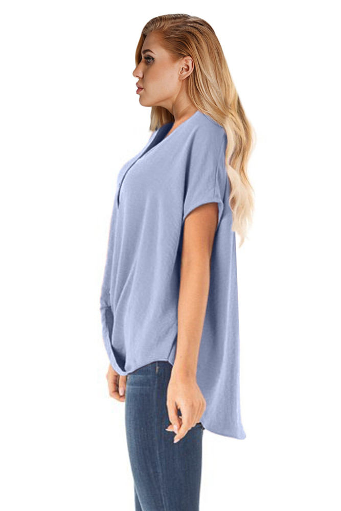 Sky Blue Short Sleeve Button up Blouse with Twisted