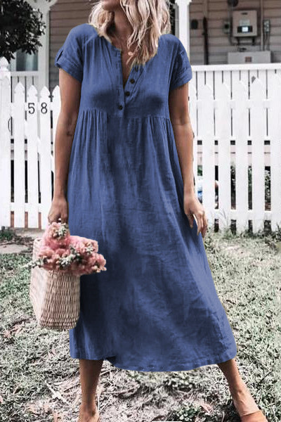 Blue Solid Button Deep V-Neck Casual Dress