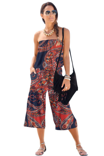 Blue Flower Print Bandeau Bodice Wide Leg Jumpsuit
