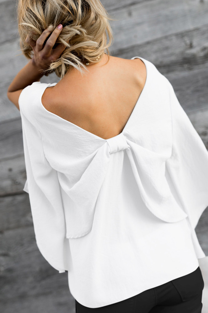 White V-Neck Bowknot Three-Quarter Sleeve Blouse