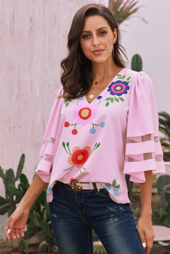 Pink Sexy V Collar Floral Print Bell Sleeve T-shirt Blouse