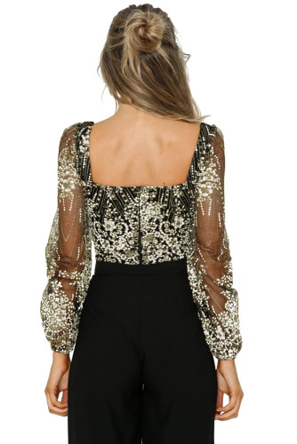 Black Sheer Long Sleeve Princess Rhinestone Bodysuit