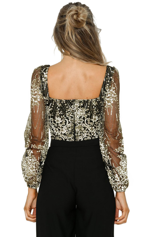Black Sheer Long Sleeve Princess Rhinestone Bodysuit