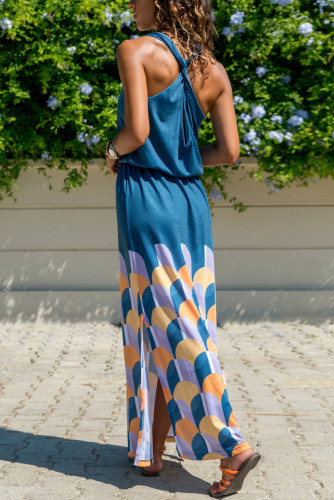 Blue Twist Hollow-out Back Long Tank Dress with Print