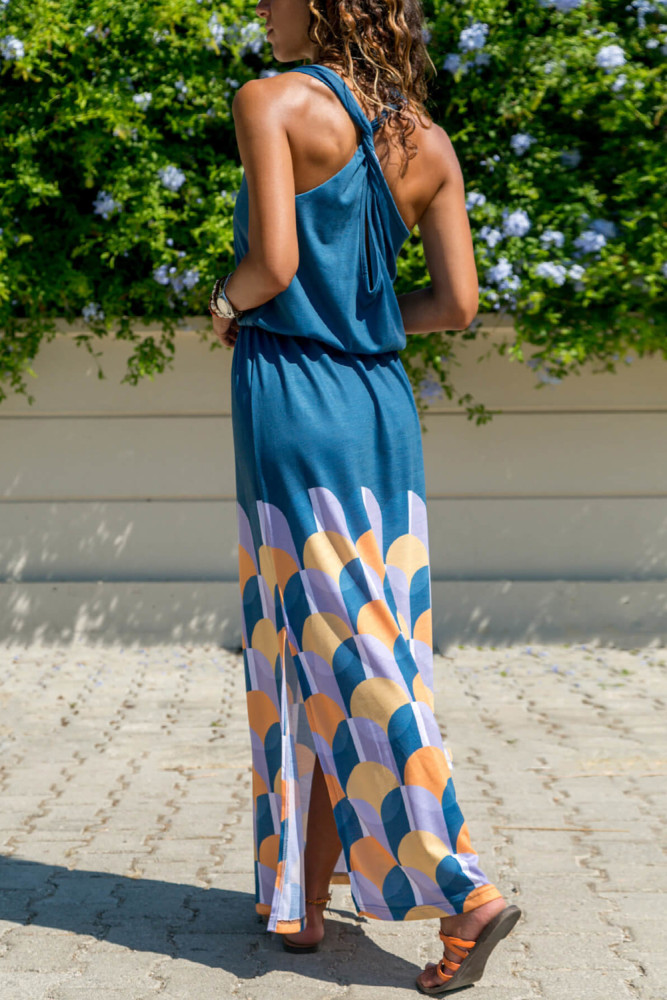 Blue Twist Hollow-out Back Long Tank Dress with Print