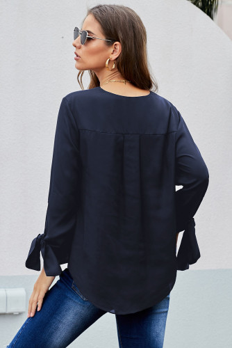 Black V Neck Ruched Tie Sleeve Top