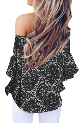 Black Bohemian Floral Print Off The Shoulder Blouse