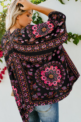 Black Floral Kimono Cardigan Open Front Cover Up