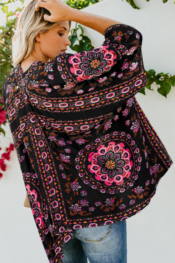 Black Floral Kimono Cardigan Open Front Cover Up