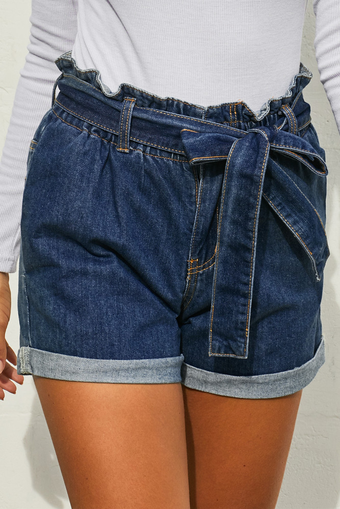 Medium Blue Paper Bag Waist Denim Shorts