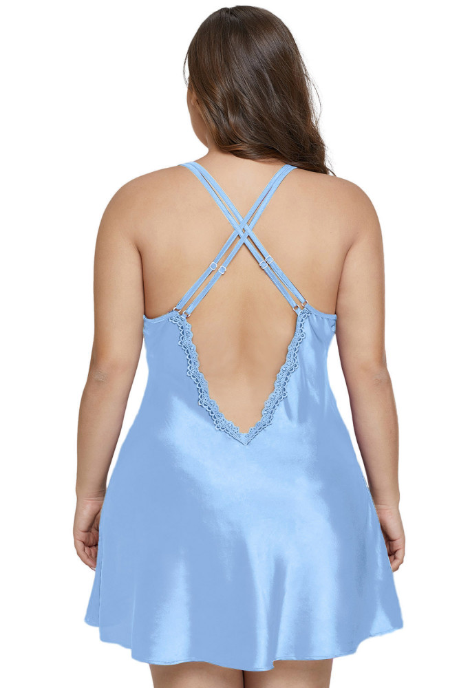 Sky Blue Plus Size Satin and Lace Chemise Set