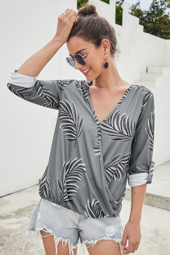 Gray Tropical Plant & Cross Print Shirt