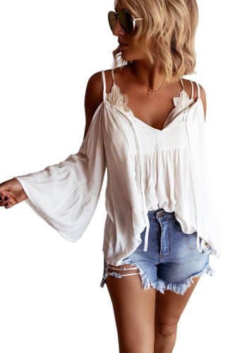 White Flare Sleeve Spaghetti Strap Cold Shoulder Ruffled Blouse