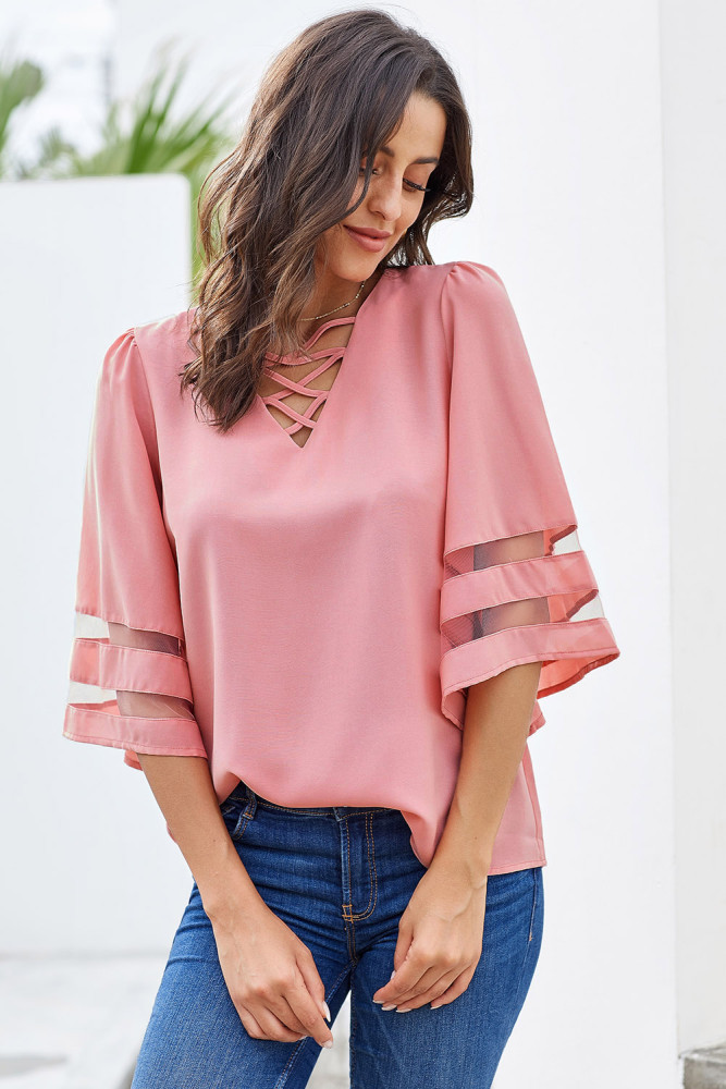Pink Criss Cross Neck 3/4 Bell Sleeve Blouse